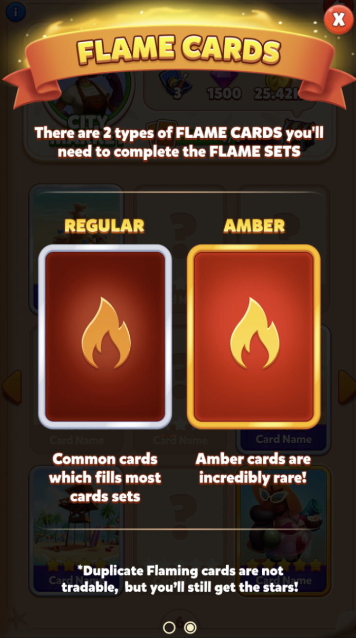 Cards pop-up showing regular and amber Flame Cards and their descriptions