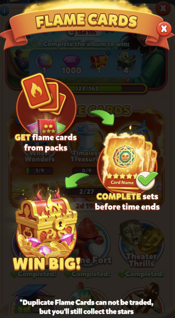 Cards pop-up showing how to get and complete Flame Cards sets