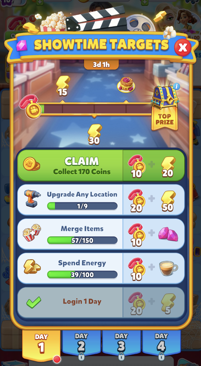 Showtime Targets popup with weekly task list, progress bar, and top prize chest